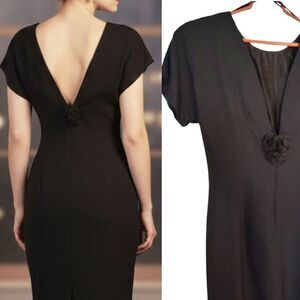 VTG Black Low Back Rosette Midi Sheath Dress Deadstock SZ 14 *Fits like Large
